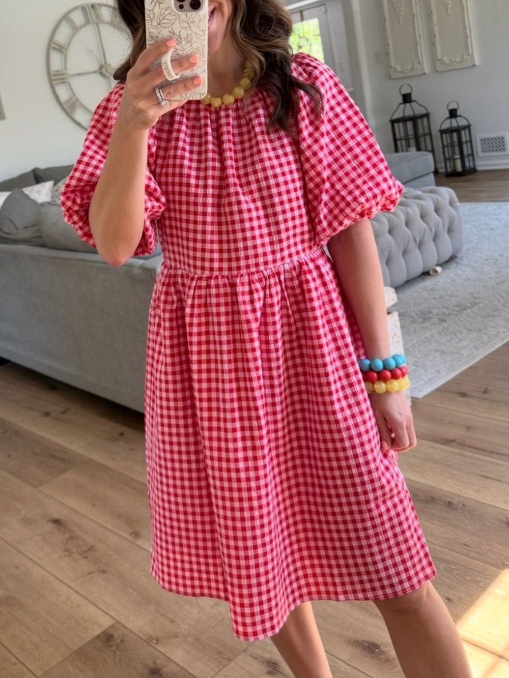 Pink & Red Gingham Puff-Sleeve Dress🎆